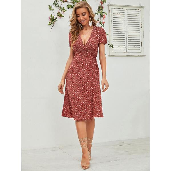 

Ditsy Floral Knot Side Wrap Dress, Multicolor