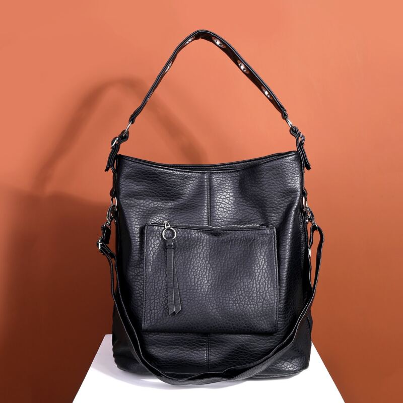 

Solid Pocket Front Shoulder Bag, Black