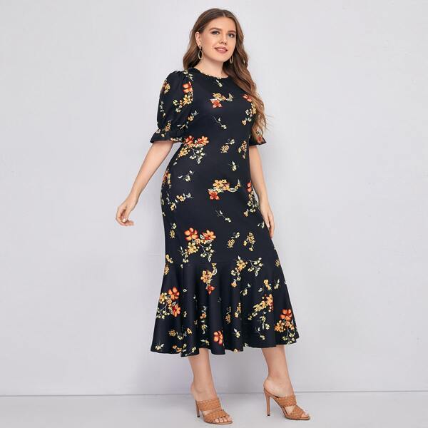

Plus Puff Sleeve Floral Dress, Black