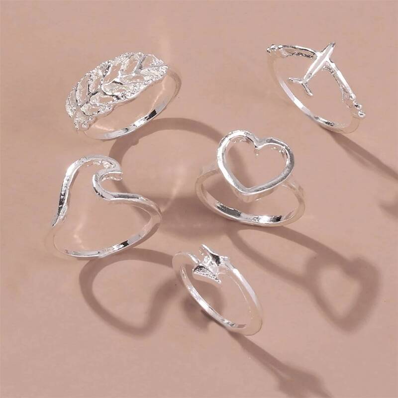 

5pcs Leaf & Heart Ring, Silver