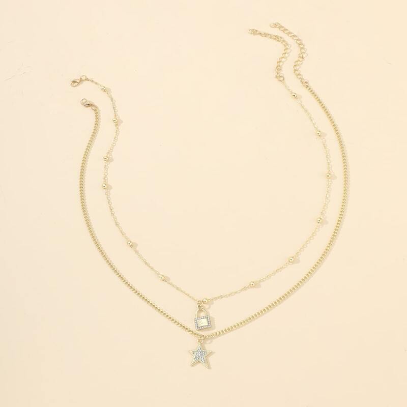

2pcs Rhinestone Star & Lock Pendant Necklace, Gold