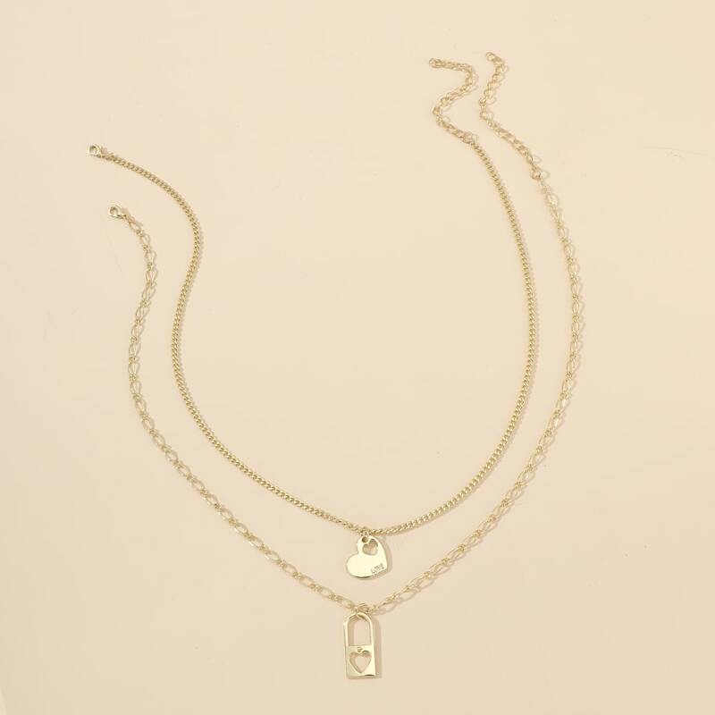 

2pcs Lock & Heart Pendant Necklace, Gold