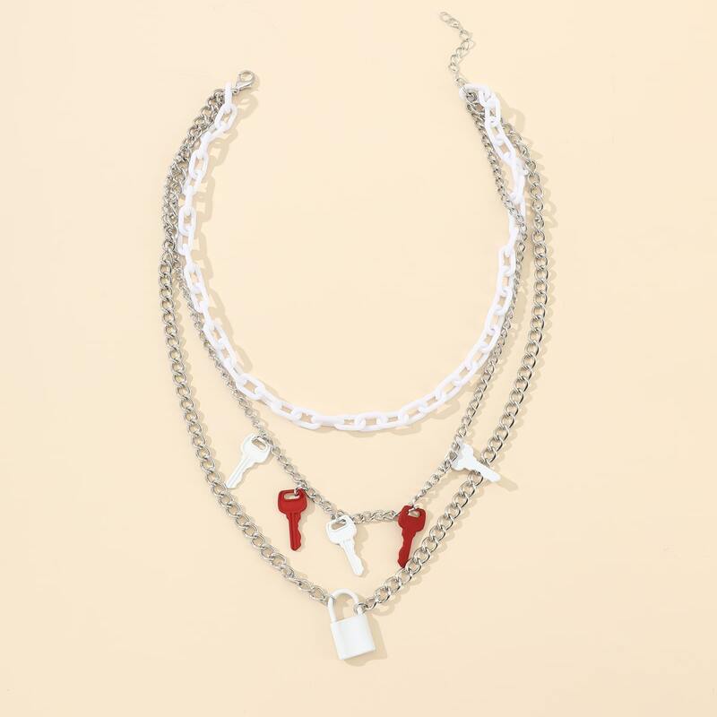 

Lock & Key Layered Chain Necklace, Silver