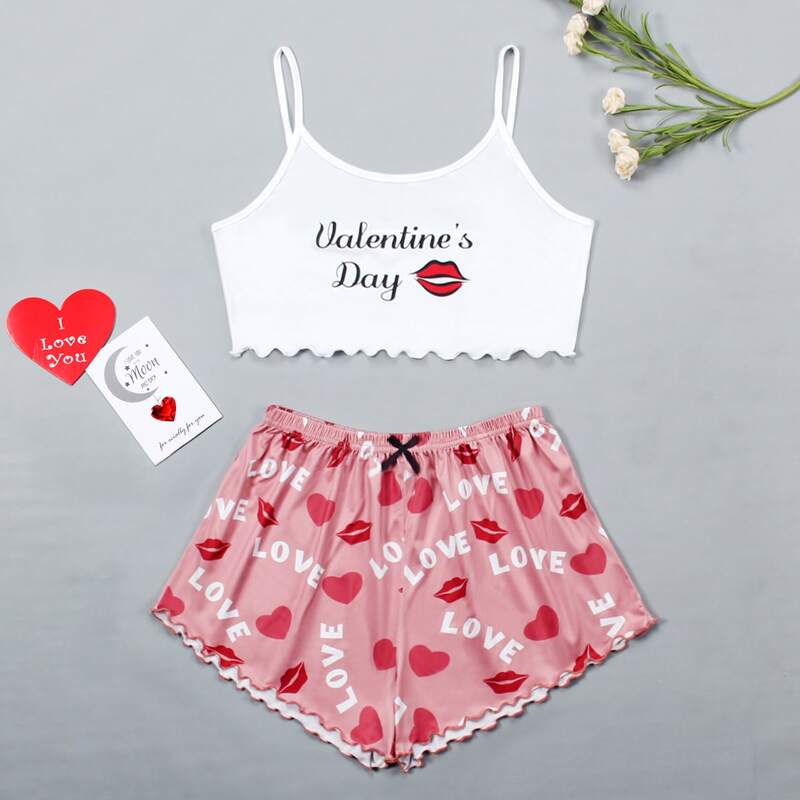 

Slogan And Lip Print Lettuce Trim PJ Set, Multicolor