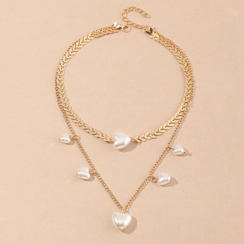 

Faux Pearl Heart Layered Necklace, Gold
