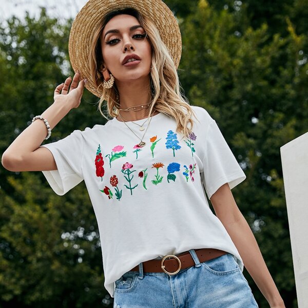 

Drop Shoulder Plants Embroidery Tee, White