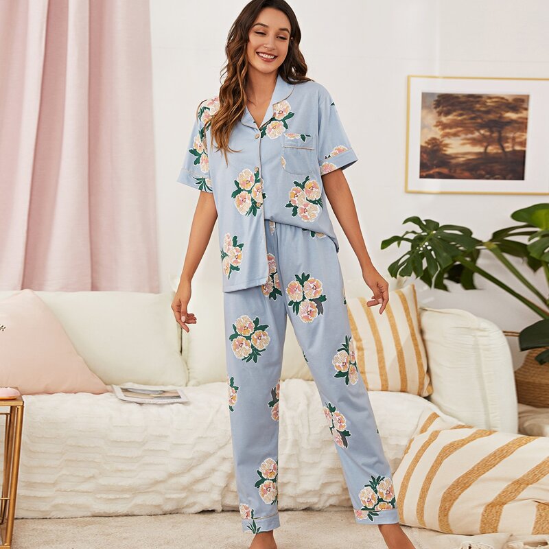 

Floral Print Button Front Pajama Set, Baby blue