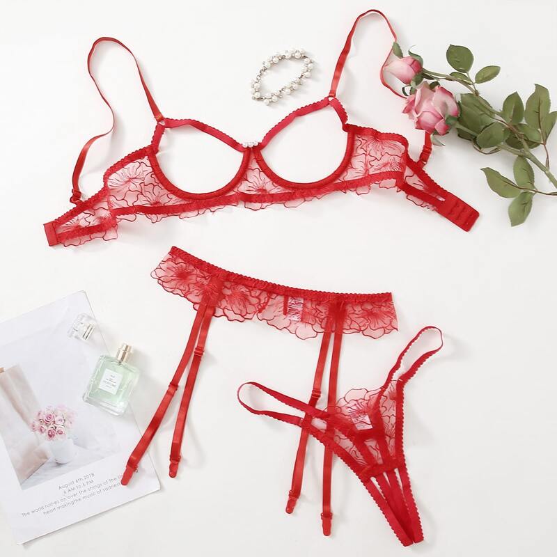 

Faux Pearl Decor Underwire Garter Lingerie Set, Red