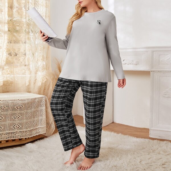 

Plus Panda Embroidered Tee and Plaid Pants PJ Set, Multicolor