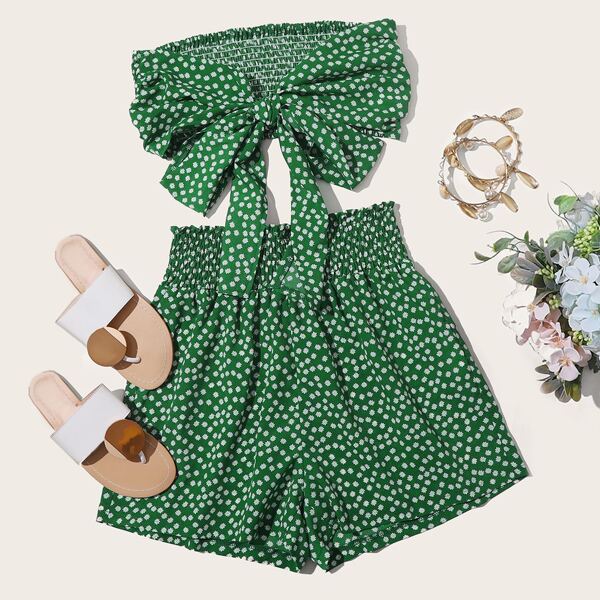 

Plus Knot Front Ditsy Floral Tube Top With Shorts, Green