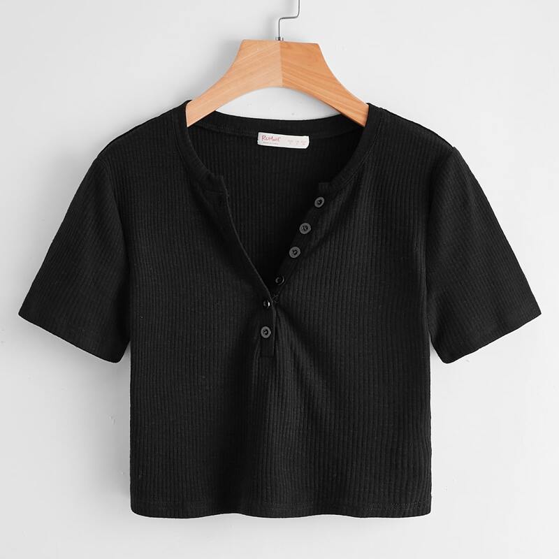

Button Ribbed Crop Top, Black