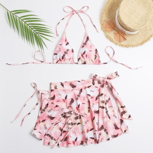 

3pack Allover Graphic Halter Bikini Swimsuit & Cover Up, Pink