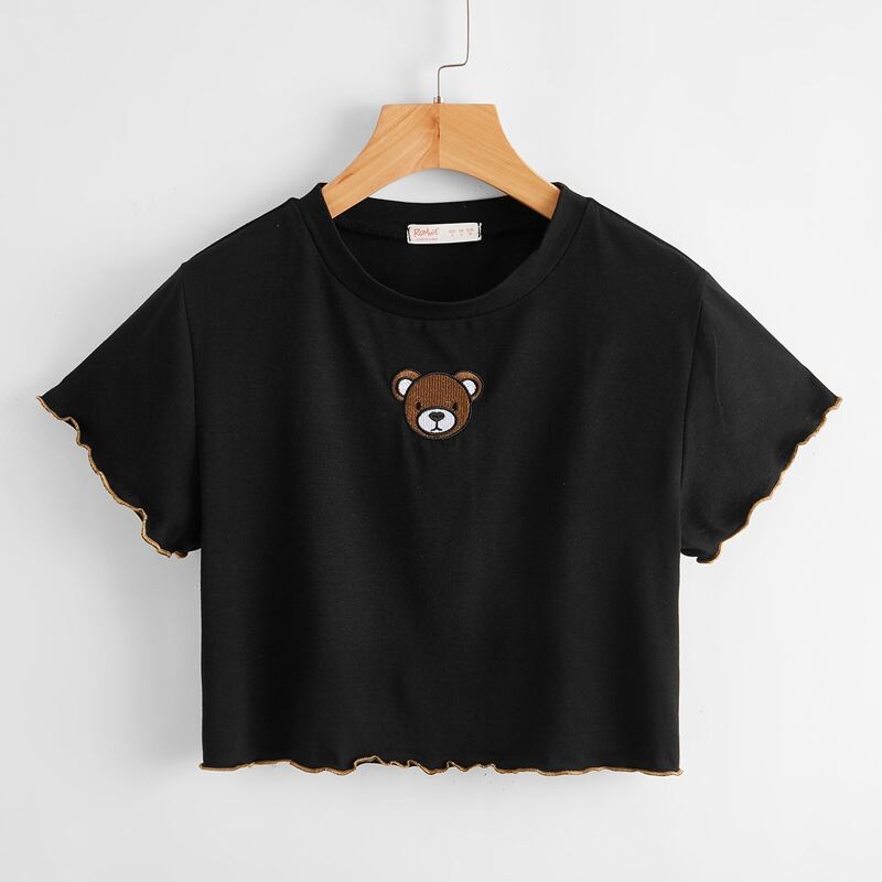 

Lettuce Edge Cartoon Bear Crop Top, Black