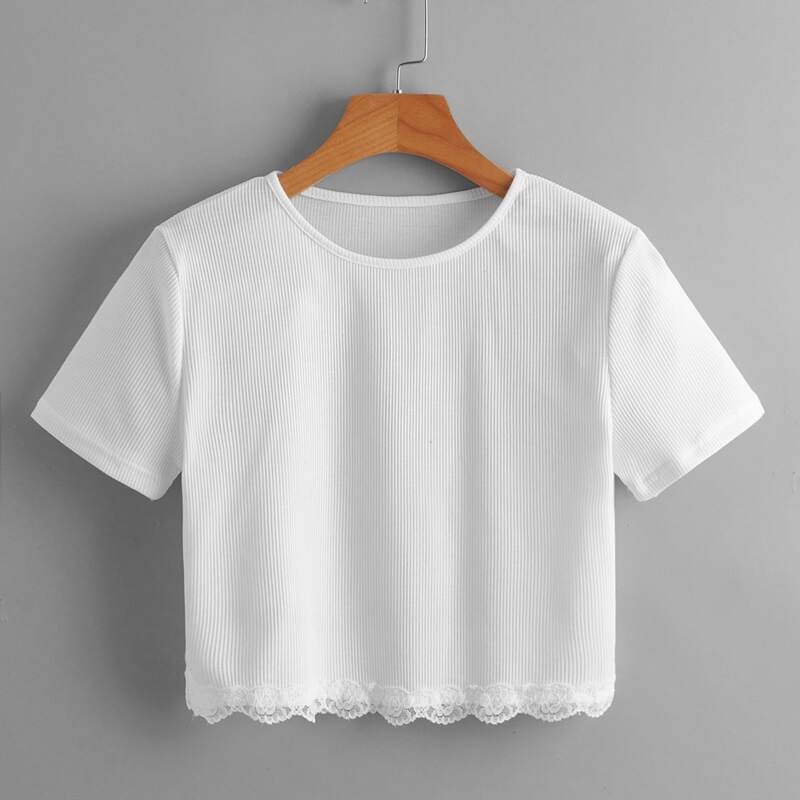 

Contrast Lace Ribbed Crop Tee, White