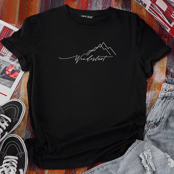

Random Line Print Round Neck Tee, Black