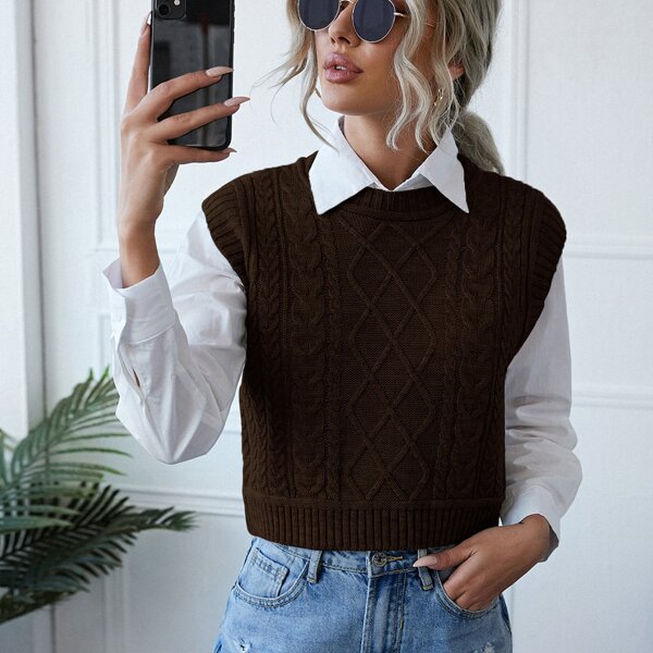 

Cable Knit Sweater Vest Without Blouse, Chocolate brown