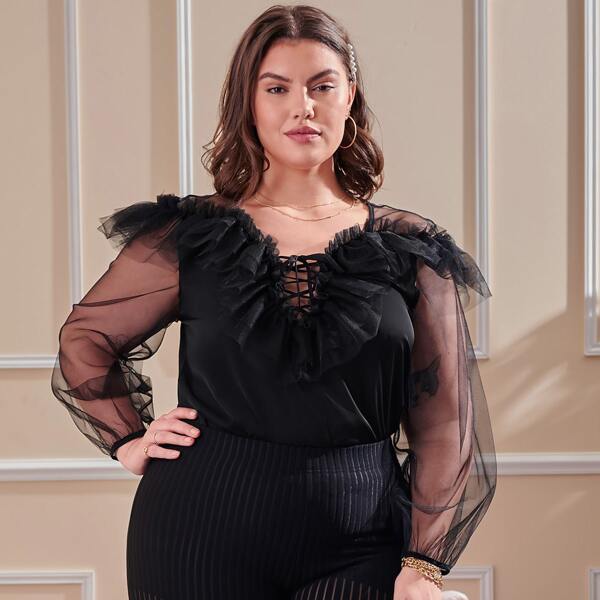 

Plus Lace-up Neck Ruffle Trim Mesh Top, Black