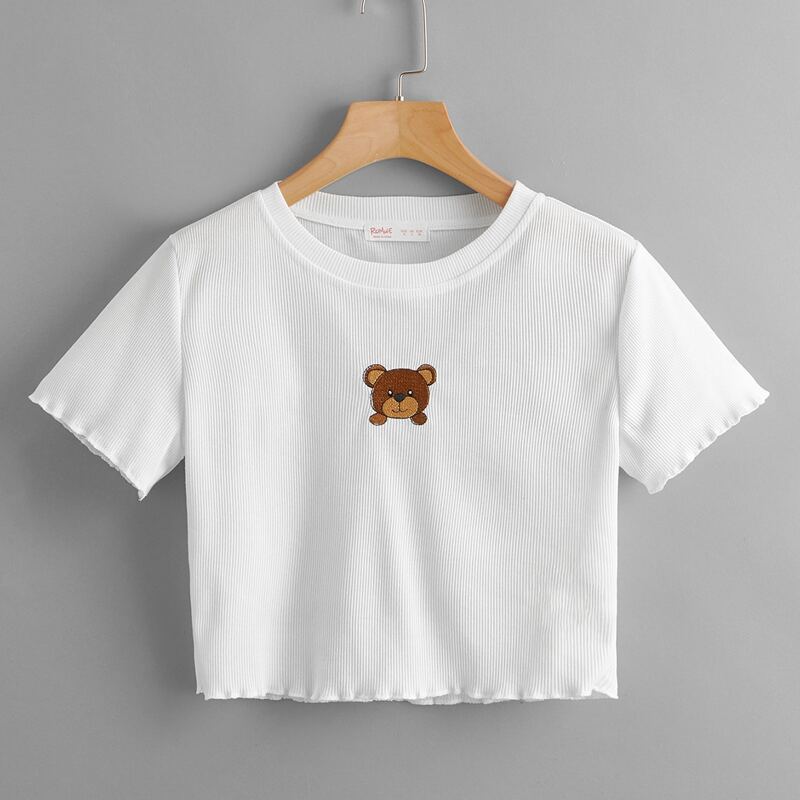 

Cartoon Embroidery Lettuce Trim Crop Tee, White