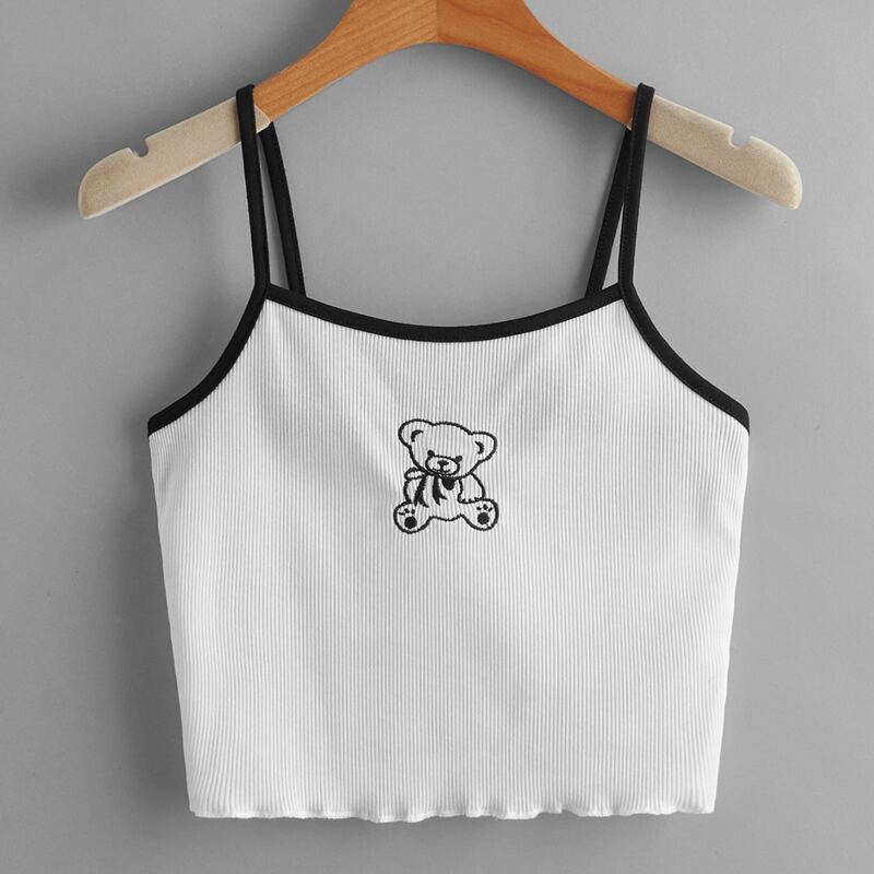 

Cartoon Bear Embroidery Ringer Crop Cami, White