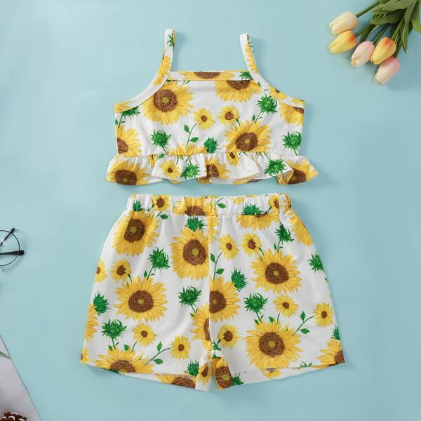 

Toddler Girls Sunflower Print Ruffle Hem Cami Top & Shorts, Multicolor