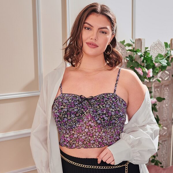

Plus Floral Knot Front Mesh Cami Top, Multicolor