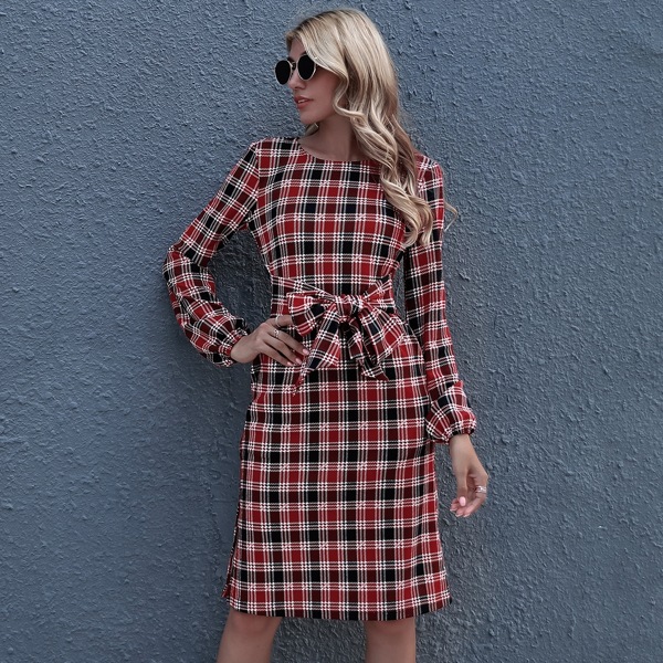 

Lantern Sleeve Tie Front Tartan Dress, Multicolor