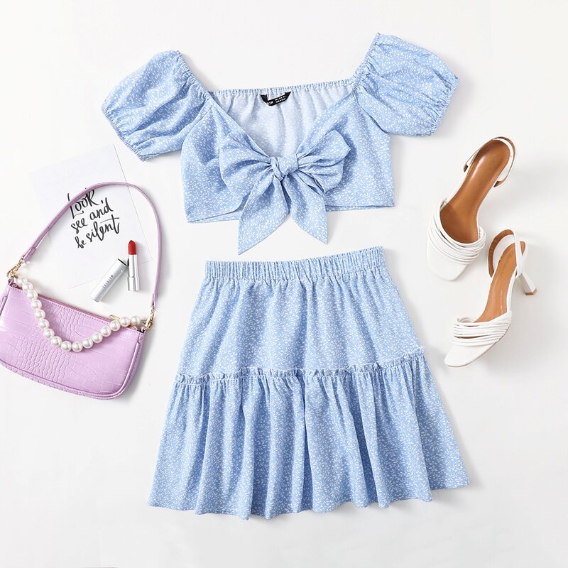 

Allover Plants Print Tie Front Top and Skirt Set, Baby blue
