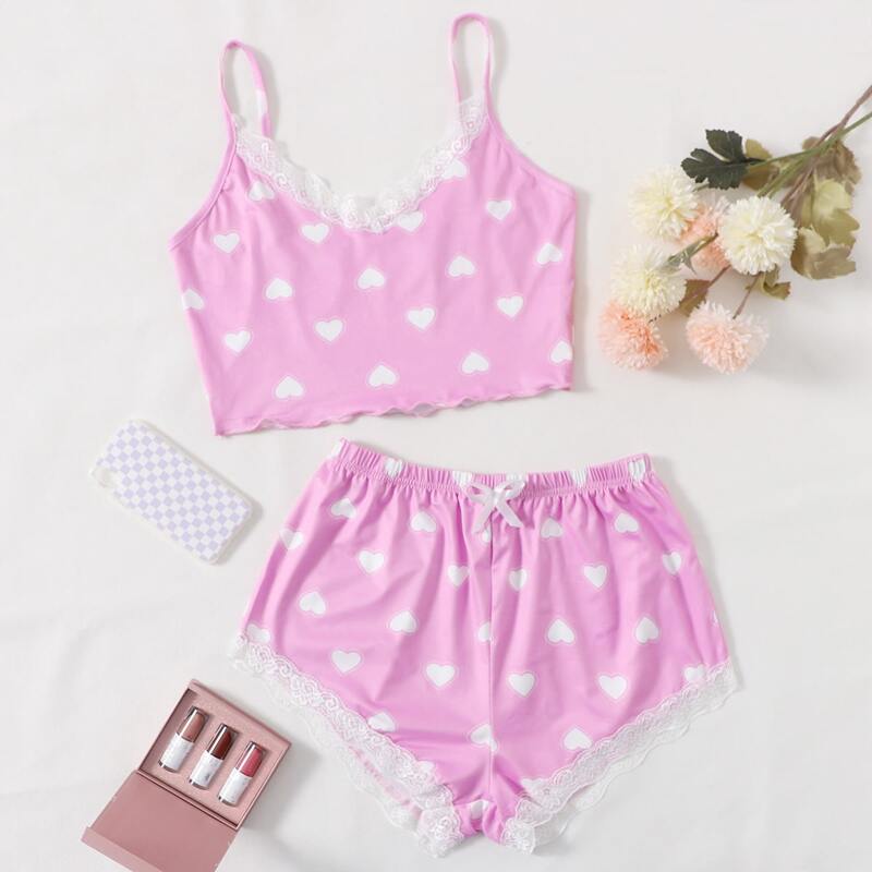 

Heart Print Contrast Lace Cami Pajama Set, Pink