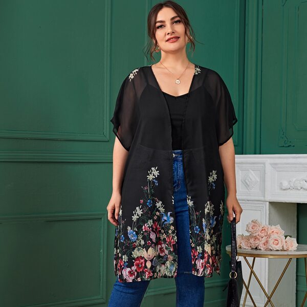 

Plus Floral Sheer Kimono, Black