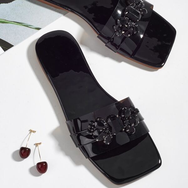 

Jewelled Decor Slide Sandals, Black