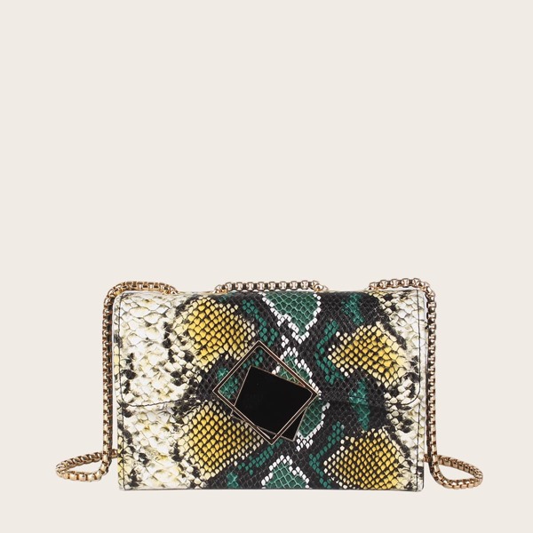 

Snakeskin Print Flap Chain Bag, Green