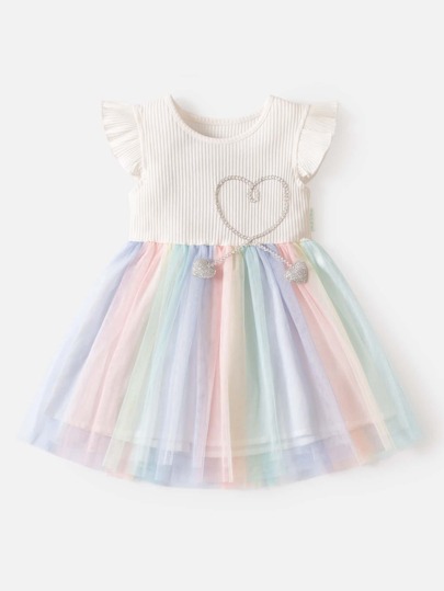 فستان متدلي للفتاة الصغيرة مع بقع قلوب من الشبكة المتباينة