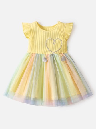 فستان سموك مدرز بقلب شبكي متباين للبنات الصغار