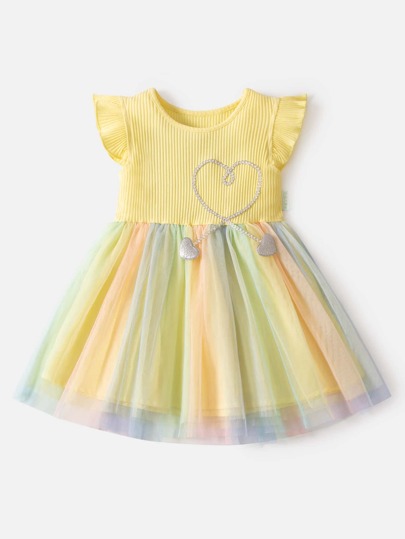 فستان سموك مدرز بقلب شبكي متباين للبنات الصغار