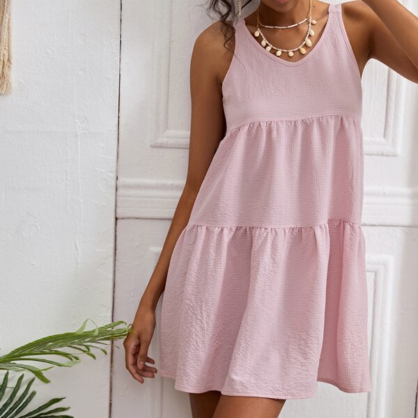 

Solid Ruffle Hem Babydoll Cami Dress, Baby pink