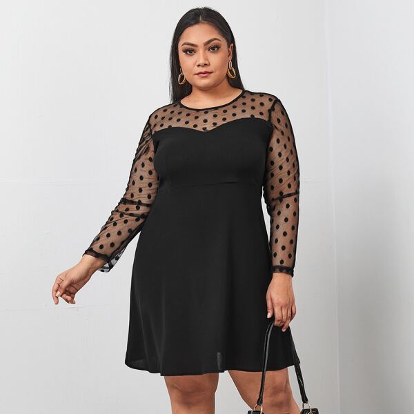 

Plus Dobby Mesh Panel Tie Back Dress, Black