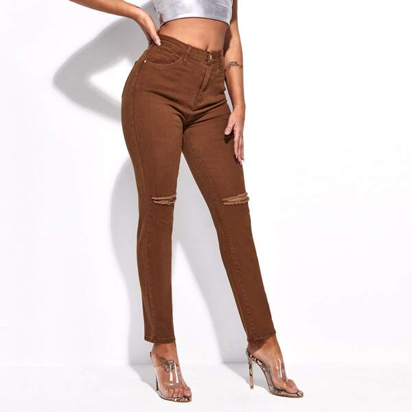 

High-Waisted Ripped Jeans, Coffee brown