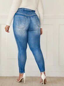SHEIN LUNE Plus Butterfly And Denim Effect Leggings - Blue - View 2