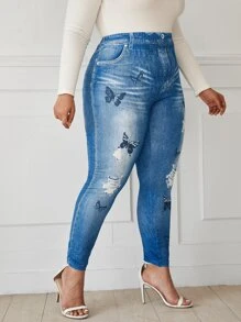 SHEIN LUNE Plus Butterfly And Denim Effect Leggings - Blue - View 3