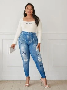 SHEIN LUNE Plus Butterfly And Denim Effect Leggings - Blue - View 4