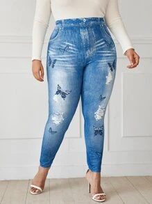 SHEIN LUNE Plus Butterfly And Denim Effect Leggings - Blue - View 5