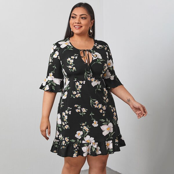

Plus Floral Keyhole Tie Neck Ruffle Hem Dress, Black