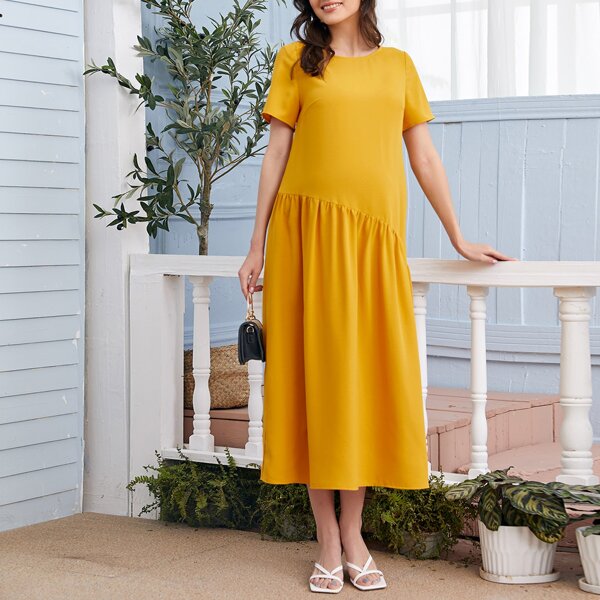 

Maternity Zipper Side Nursing Solid Smock Dress, Mustard yellow