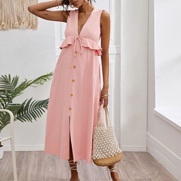 

Plunging Neck Button Front Ruffle Trim Dress, Pink