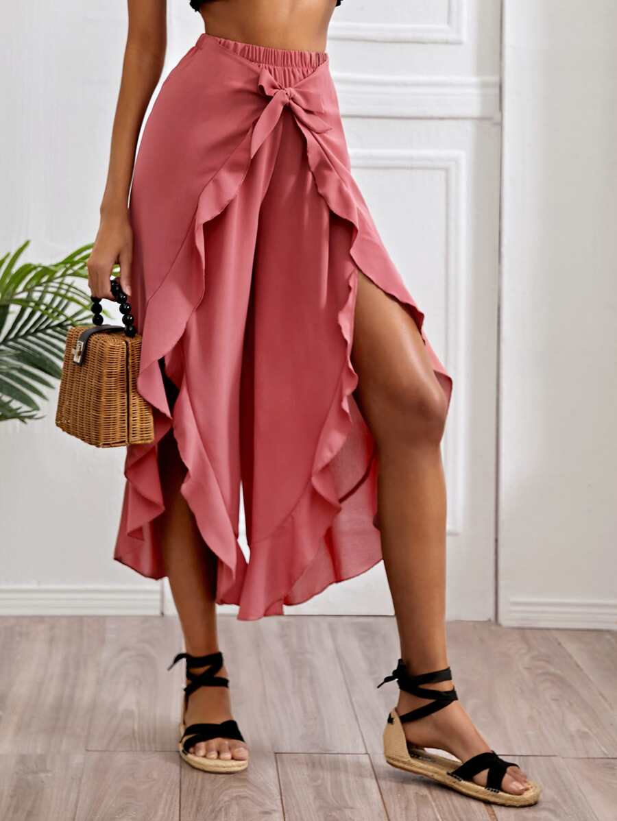 Tie Front Ruffle Hem Solid Pants - Watermelon Pink - View 1