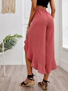 Tie Front Ruffle Hem Solid Pants - Watermelon Pink - View 2