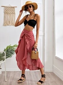 Tie Front Ruffle Hem Solid Pants - Watermelon Pink - View 3