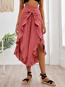 Tie Front Ruffle Hem Solid Pants - Watermelon Pink - View 4