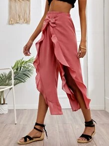 Tie Front Ruffle Hem Solid Pants - Watermelon Pink - View 5