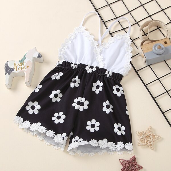 

Toddler Girls Floral Print Appliques Cami Romper, Black and white